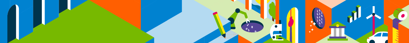 Studieninfotag | 9. Dezember ➔ Farbenfrohe, stilisierte Illustration mit Symbolen aus Wissenschaft, Technik, Wirtschaft und Gestaltung, die verschiedene Studienbereiche repräsentieren